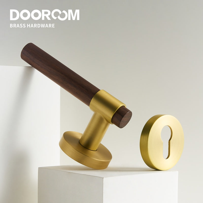 Dooroom Brass Walnut Door Lock Set Modern Interior Bedroom Bathroom Double Wood Door Lever Set Dummy Handle Knob DOOROOM