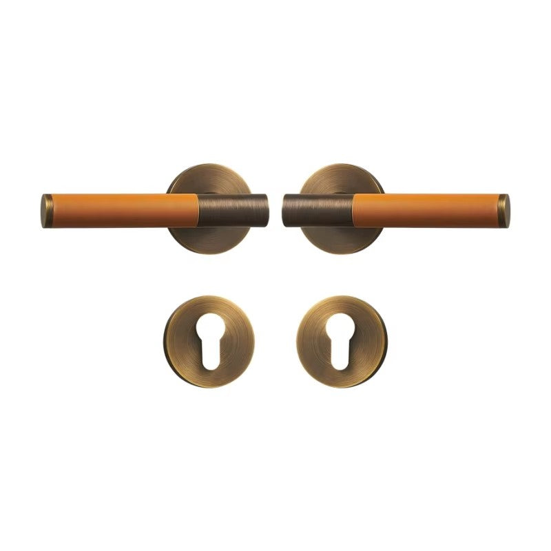Dooroom Brass Leather Door Lock Set Modern Italian Style Interior Bedroom Bathroom Double Wood Door Lever Set Dummy Handle DOOROOM