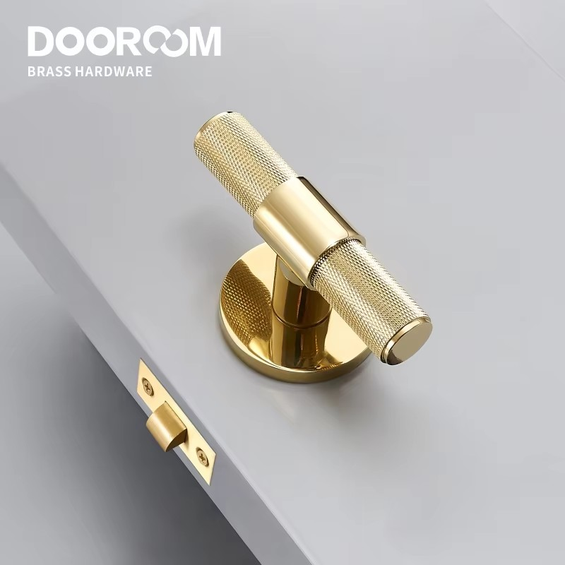 Dooroom Brass Door Lever Set Modern Knurled T-bar Interior Bedroom Bathroom Double Wood Door Lock Set Dummy Knob Hidden Door DOOROOM