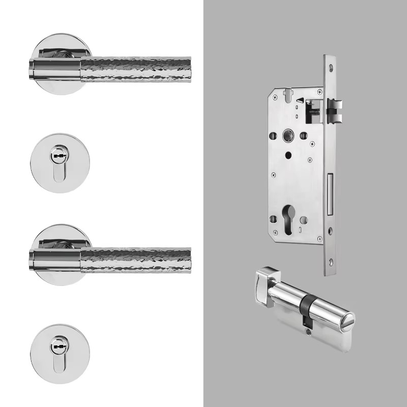 Dooroom Brass Door Lock Set Hammered Bright Silver Interior Bedroom Bathroom Double Wood Door Lever Dummy Passage Privacy Lock DOOROOM