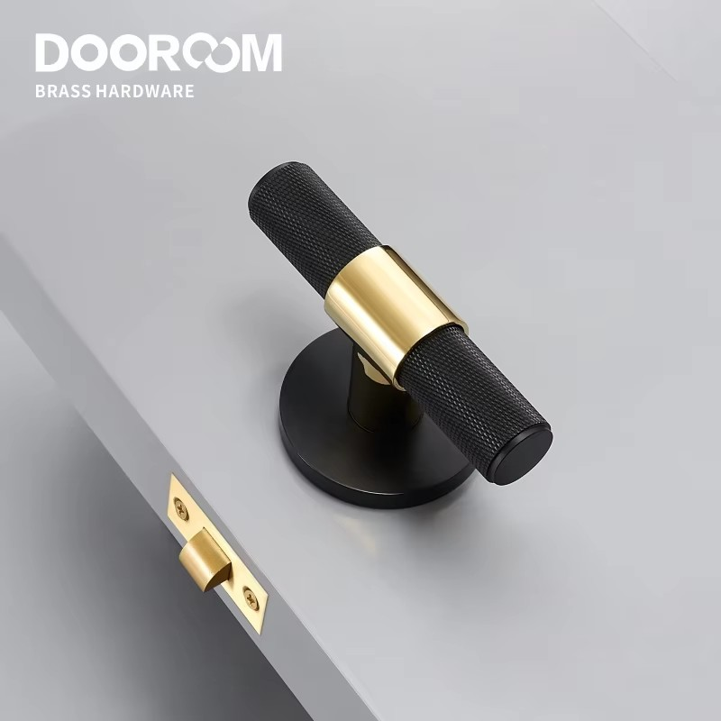 Dooroom Brass Door Lever Set Modern Knurled T-bar Interior Bedroom Bathroom Double Wood Door Lock Set Dummy Knob Hidden Door DOOROOM