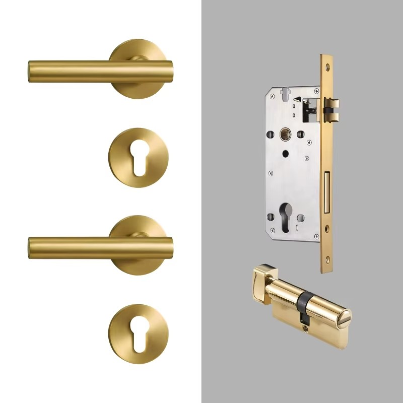 Dooroom Brass Door Lock Set Modern Nordic Interior Bedroom Bathroom Double Wood Door Lever Set Dummy Lock Handle DOOROOM