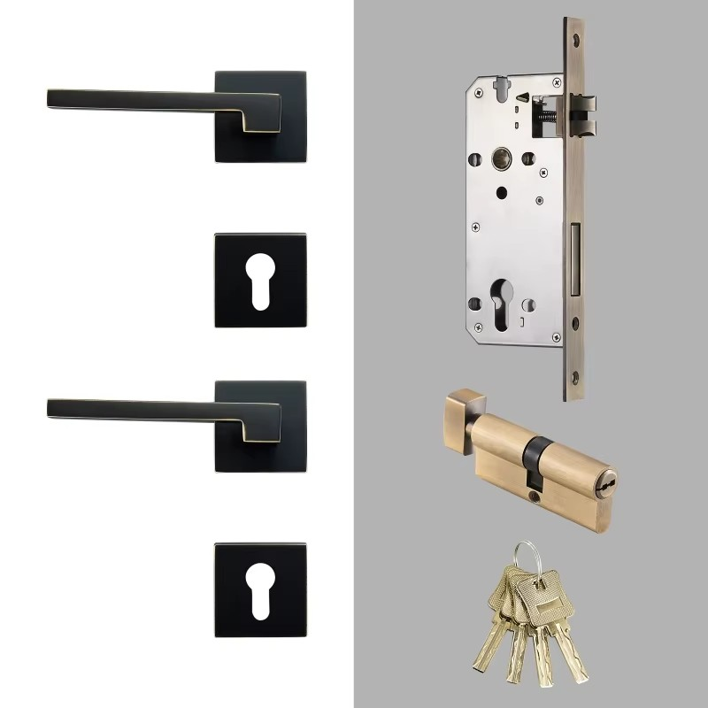 Dooroom Brass Door Lever American Nordic Modern Solid Wood Interior Door Lock Bedroom Split Mechanical Set Handle Black Square DOOROOM