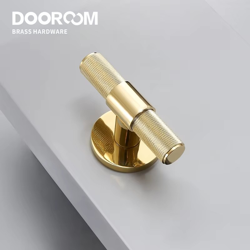 Dooroom Brass Door Lever Set Modern Knurled T-bar Interior Bedroom Bathroom Double Wood Door Lock Set Dummy Knob Hidden Door DOOROOM
