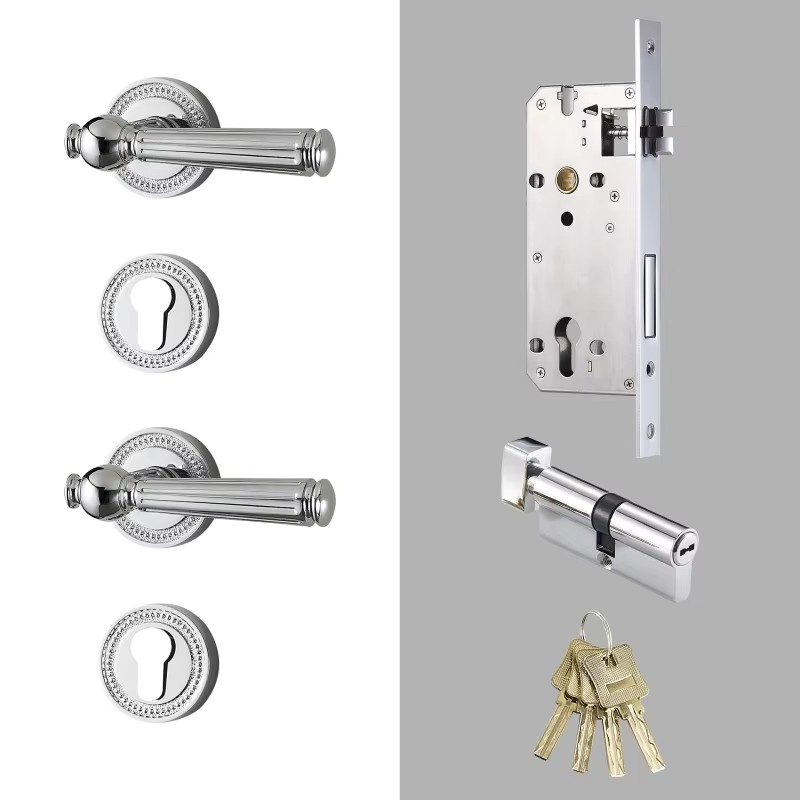 Dooroom Brass Door Lock Set Modern Shiny Chrome Interior Bedroom Bathroom Double Wood Door Lever Set Dummy Handle DOOROOM