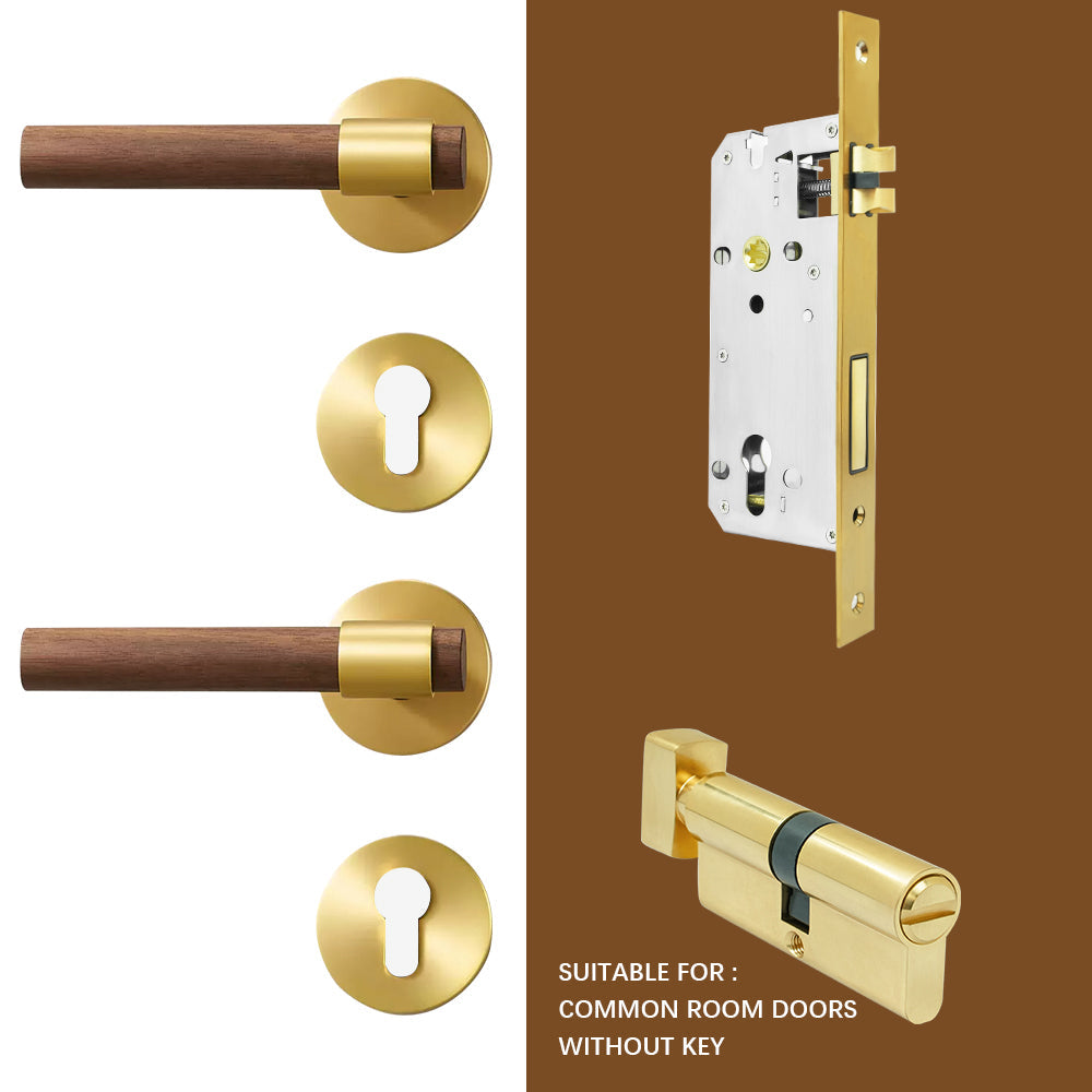 Dooroom Brass Walnut Door Lock Set Modern Interior Bedroom Bathroom Double Wood Door Lever Set Dummy Handle Knob DOOROOM