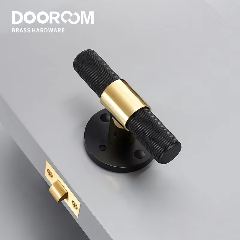 Dooroom Brass Door Lever Set Modern Knurled T-bar Interior Bedroom Bathroom Double Wood Door Lock Set Dummy Knob Hidden Door DOOROOM