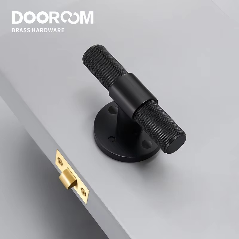 Dooroom Brass Door Lever Set Modern Knurled T-bar Interior Bedroom Bathroom Double Wood Door Lock Set Dummy Knob Hidden Door DOOROOM
