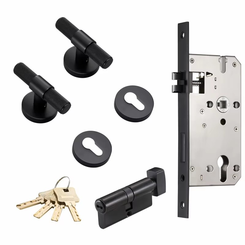 Dooroom Brass Door Lever Set Modern Knurled T-bar Interior Bedroom Bathroom Double Wood Door Lock Set Dummy Knob Hidden Door DOOROOM