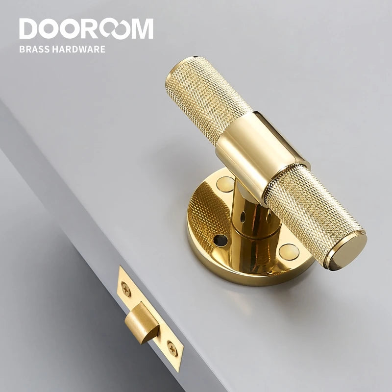 Dooroom Brass Door Lever Set Modern Knurled T-bar Interior Bedroom Bathroom Double Wood Door Lock Set Dummy Knob Hidden Door DOOROOM