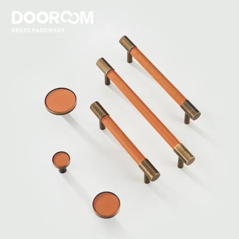 Dooroom Brass Furniture Handles Real Leather Nordic Simple Pulls Cupboard Wardrobe Dresser Shoe Box Drawer Wine Bar Cabinet Knob DOOROOM