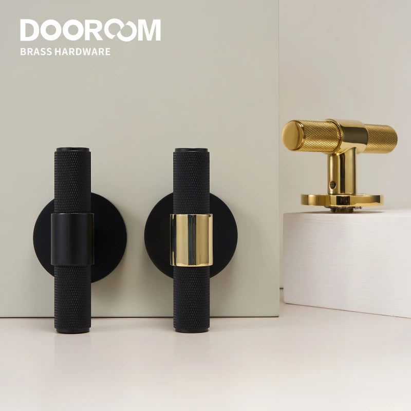 Dooroom Brass Door Lever Set Modern Knurled T-bar Interior Bedroom Bathroom Double Wood Door Lock Set Dummy Knob Hidden Door DOOROOM