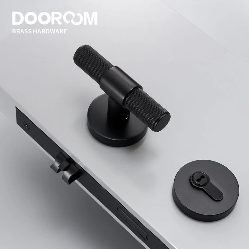 Dooroom Brass Door Lever Set Modern Knurled T-bar Interior Bedroom Bathroom Double Wood Door Lock Set Dummy Knob Hidden Door DOOROOM
