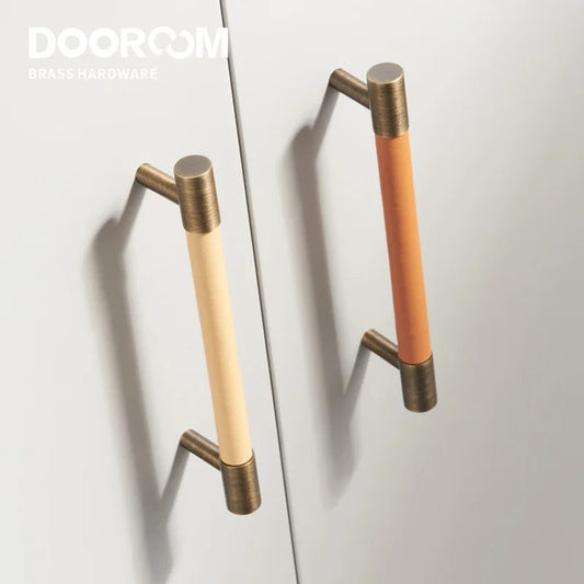 Dooroom Brass Furniture Handles Real Leather Nordic Simple Pulls Cupboard Wardrobe Dresser Shoe Box Drawer Wine Bar Cabinet Knob DOOROOM