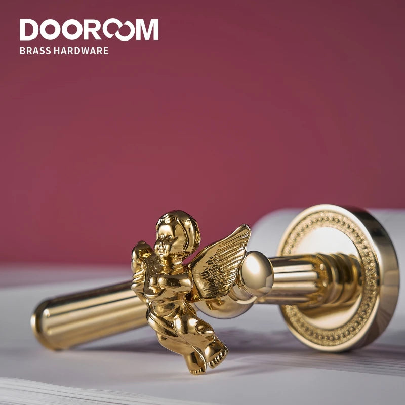 Dooroom Brass Door Lever Set Shiny Gold Bright Chrome Angel Interior Bedroom Bathroom Double Wood Door Lever Dummy Passage DOOROOM