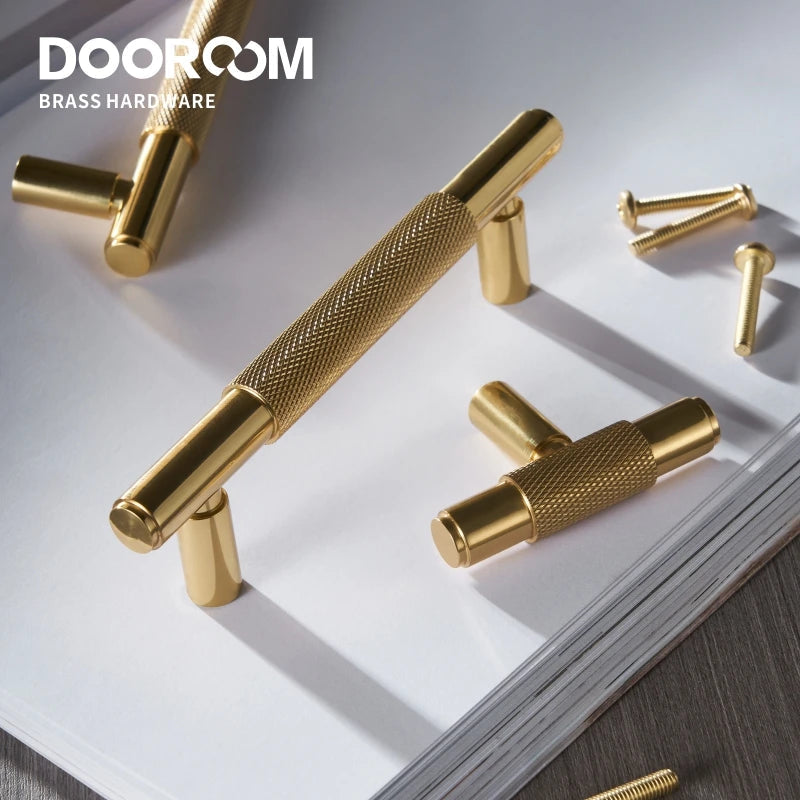 Dooroom Brass Furniture Handles Modern Knurled Shiny Gold Cupboard Wardrobe Dresser Shoe Box Drawer Cabinet Knobs T-Bar DOOROOM