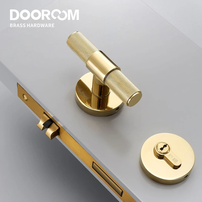 Dooroom Brass Door Lever Set Modern Knurled T-bar Interior Bedroom Bathroom Double Wood Door Lock Set Dummy Knob Hidden Door DOOROOM