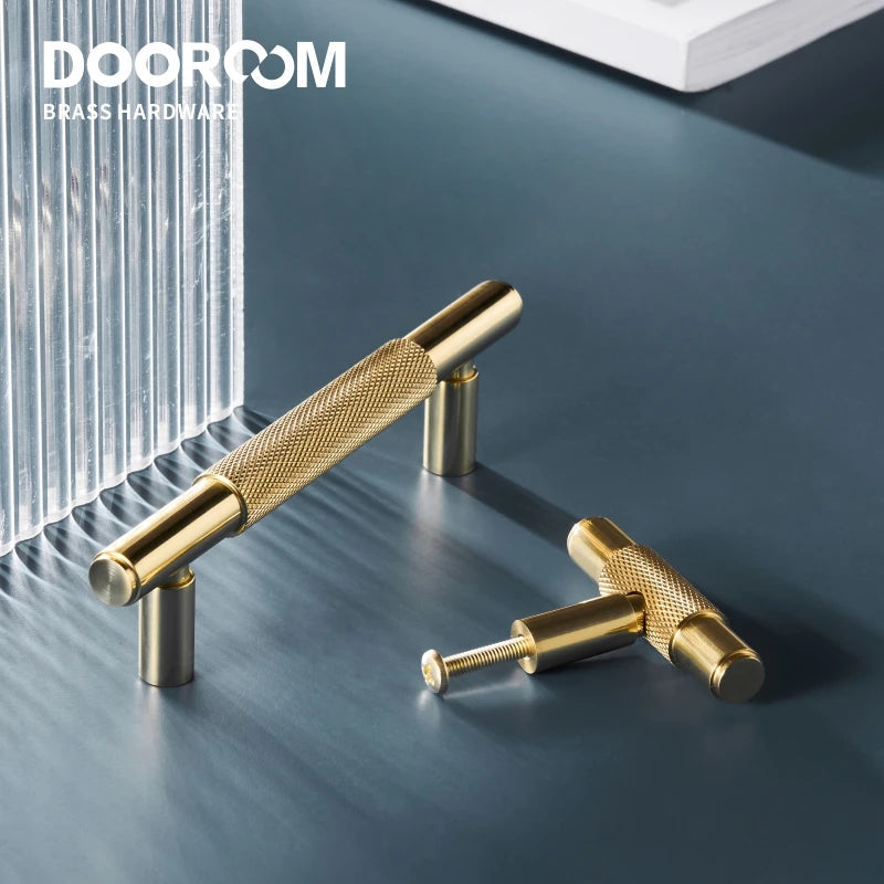 Dooroom Brass Furniture Handles Modern Knurled Shiny Gold Cupboard Wardrobe Dresser Shoe Box Drawer Cabinet Knobs T-Bar DOOROOM