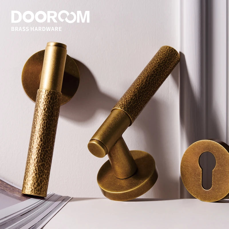 Dooroom Brass Door Lock Set Hammered Gold Yellow Bronze Interior Bedroom Bathroom Double Wood Door Lever Dummy Passage Privacy DOOROOM