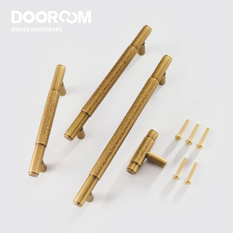 Dooroom Brass Furniture Handles Modern Hammered Yellow Bronze Cupboard Wardrobe Dresser Shoe Box Drawer Cabinet Knobs T-Bar DOOROOM