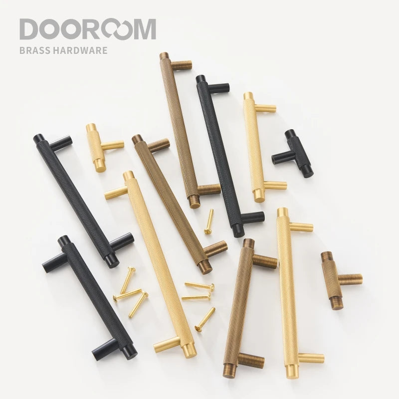 Dooroom Brass Furniture Handles Modern Knurled Antique Brass Cupboard Wardrobe Dresser Shoe Box Drawer Cabinet Knobs T-Bar DOOROOM