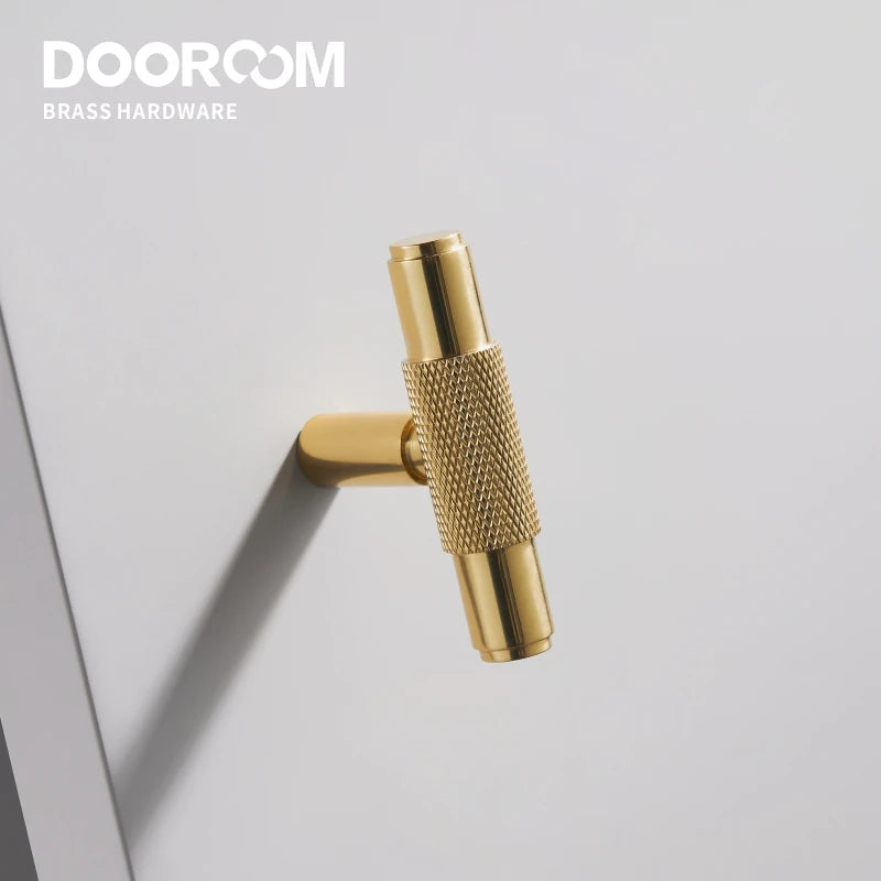 Dooroom Brass Furniture Handles Modern Knurled Shiny Gold Cupboard Wardrobe Dresser Shoe Box Drawer Cabinet Knobs T-Bar DOOROOM