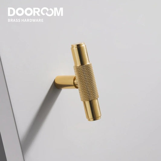 Dooroom Brass Furniture Handles Modern Knurled Shiny Gold Cupboard Wardrobe Dresser Shoe Box Drawer Cabinet Knobs T-Bar DOOROOM