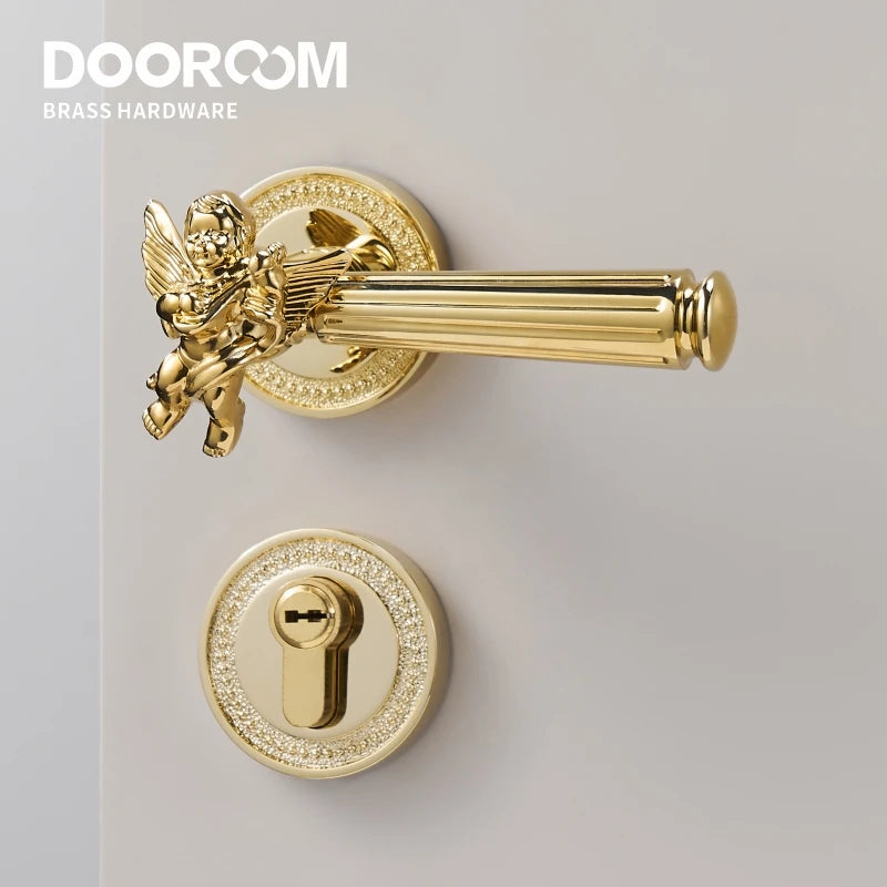 Dooroom Brass Door Lever Set Shiny Gold Bright Chrome Angel Interior Bedroom Bathroom Double Wood Door Lever Dummy Passage DOOROOM