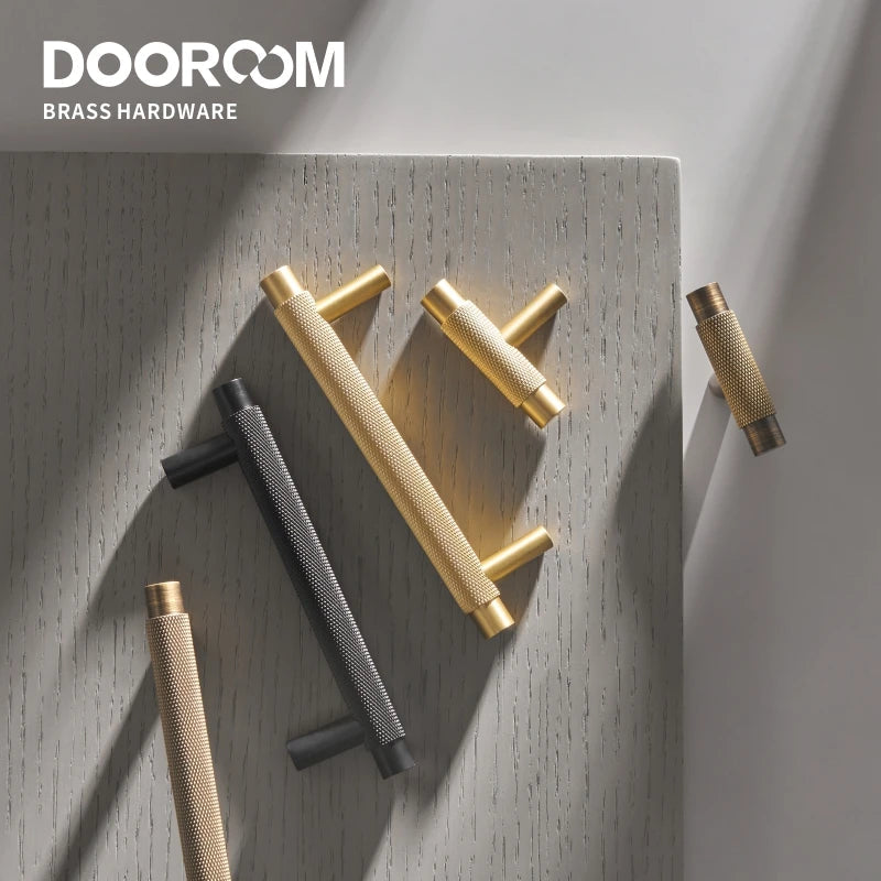 Dooroom Brass Furniture Handles Modern Knurled Antique Brass Cupboard Wardrobe Dresser Shoe Box Drawer Cabinet Knobs T-Bar DOOROOM
