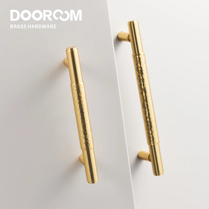 Dooroom Brass Furniture Handles Modern Hammered Shiny Gold Cupboard Wardrobe Dresser Shoe Box Drawer Cabinet Knobs T-Bar DOOROOM