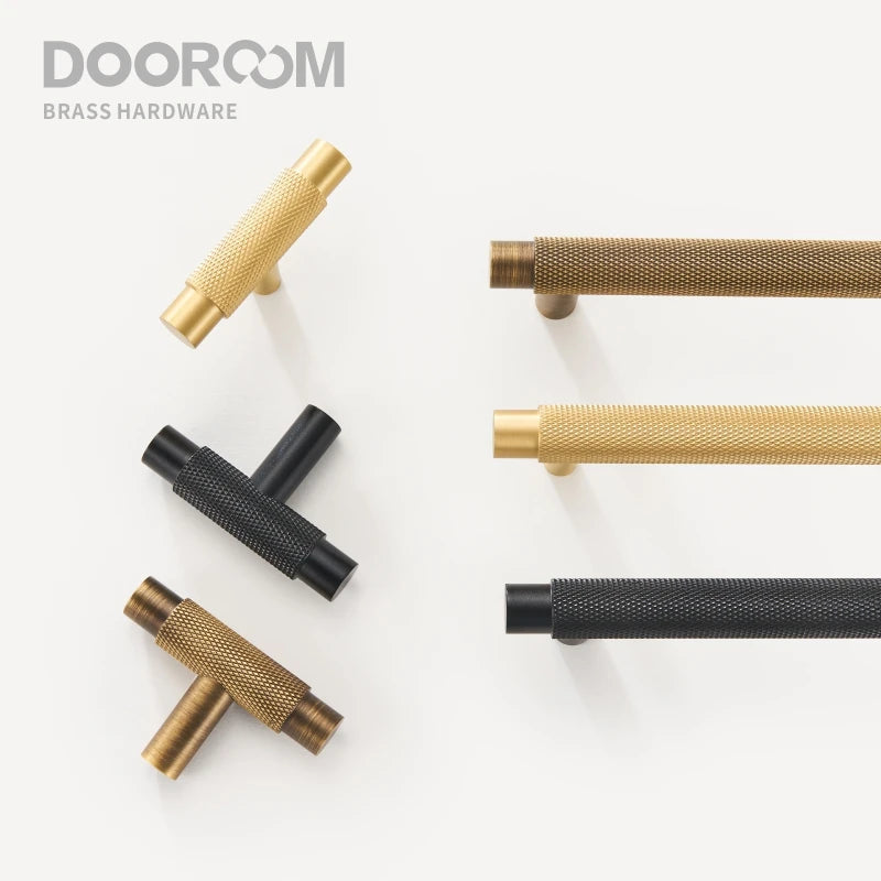 Dooroom Brass Furniture Handles Modern Knurled Antique Brass Cupboard Wardrobe Dresser Shoe Box Drawer Cabinet Knobs T-Bar DOOROOM