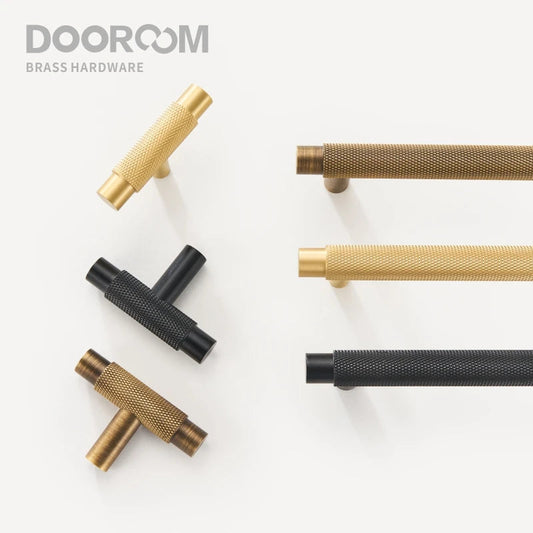 Dooroom Brass Furniture Handles Modern Knurled Antique Brass Cupboard Wardrobe Dresser Shoe Box Drawer Cabinet Knobs T-Bar DOOROOM