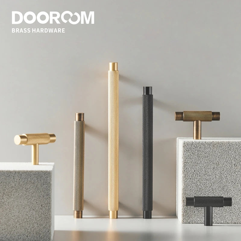 Dooroom Brass Furniture Handles Modern Knurled Antique Brass Cupboard Wardrobe Dresser Shoe Box Drawer Cabinet Knobs T-Bar DOOROOM