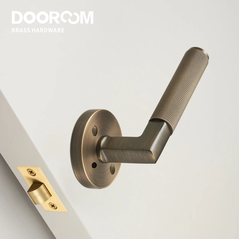 Dooroom US Standard For 2-1/8" Hole Brass Knurled Lever Privacy Door Lock Passage Set  Round Rose 65mm Dummy Closet Handle DOOROOM