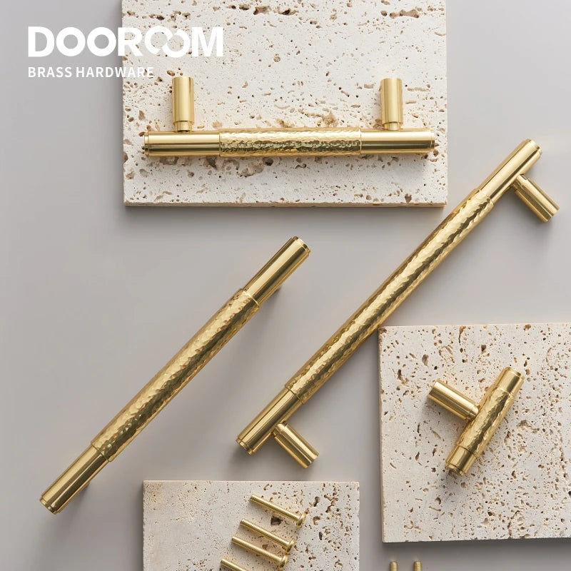 Dooroom Brass Furniture Handles Modern Hammered Shiny Gold Cupboard Wardrobe Dresser Shoe Box Drawer Cabinet Knobs T-Bar DOOROOM