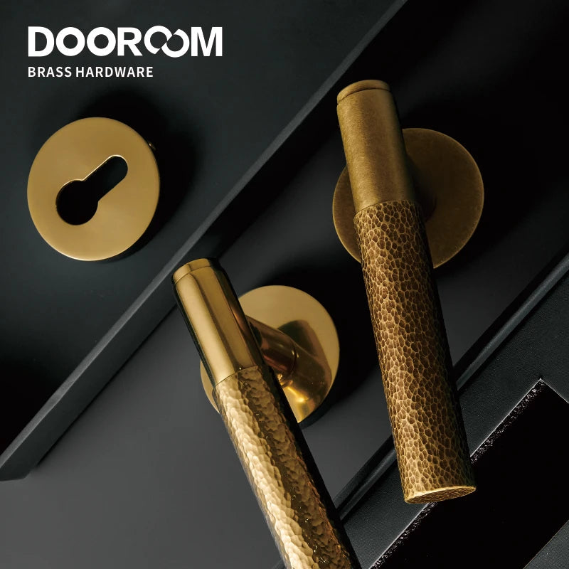 Dooroom Brass Door Lock Set Hammered Gold Yellow Bronze Interior Bedroom Bathroom Double Wood Door Lever Dummy Passage Privacy DOOROOM