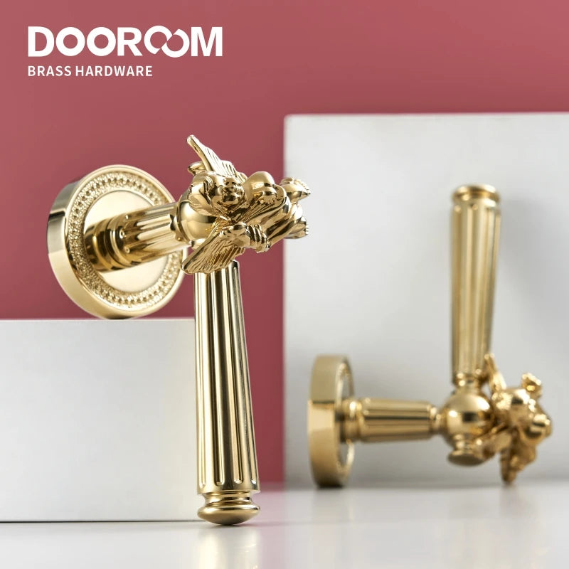Dooroom Brass Door Lever Set Shiny Gold Bright Chrome Angel Interior Bedroom Bathroom Double Wood Door Lever Dummy Passage DOOROOM