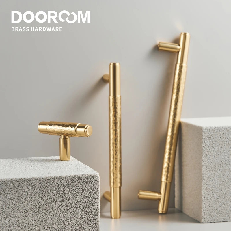 Dooroom Brass Furniture Handles Modern Hammered Shiny Gold Cupboard Wardrobe Dresser Shoe Box Drawer Cabinet Knobs T-Bar DOOROOM