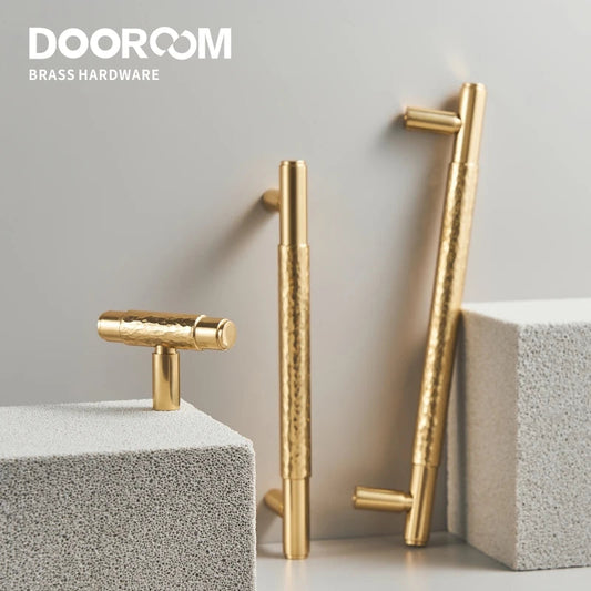 Dooroom Brass Furniture Handles Modern Hammered Shiny Gold Cupboard Wardrobe Dresser Shoe Box Drawer Cabinet Knobs T-Bar DOOROOM