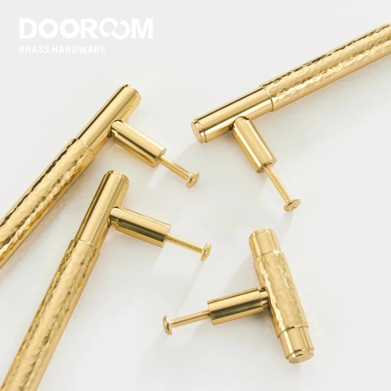 Dooroom Brass Furniture Handles Modern Hammered Shiny Gold Cupboard Wardrobe Dresser Shoe Box Drawer Cabinet Knobs T-Bar DOOROOM