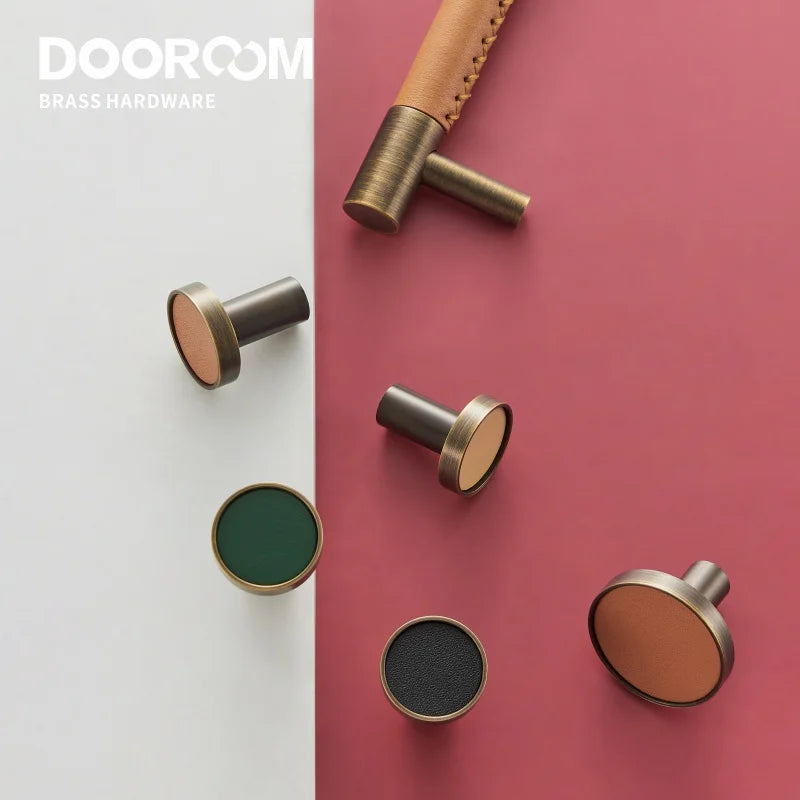 Dooroom Brass Furniture Handles Real Leather Nordic Simple Pulls Cupboard Wardrobe Dresser Shoe Box Drawer Wine Bar Cabinet Knob DOOROOM