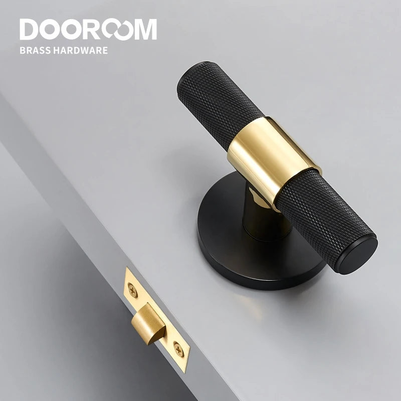 Dooroom Brass Door Lever Set Modern Knurled T-bar Interior Bedroom Bathroom Double Wood Door Lock Set Dummy Knob Hidden Door DOOROOM