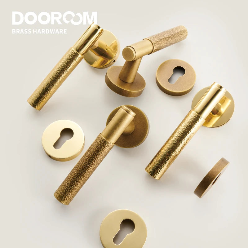 Dooroom Brass Door Lock Set Hammered Gold Yellow Bronze Interior Bedroom Bathroom Double Wood Door Lever Dummy Passage Privacy DOOROOM
