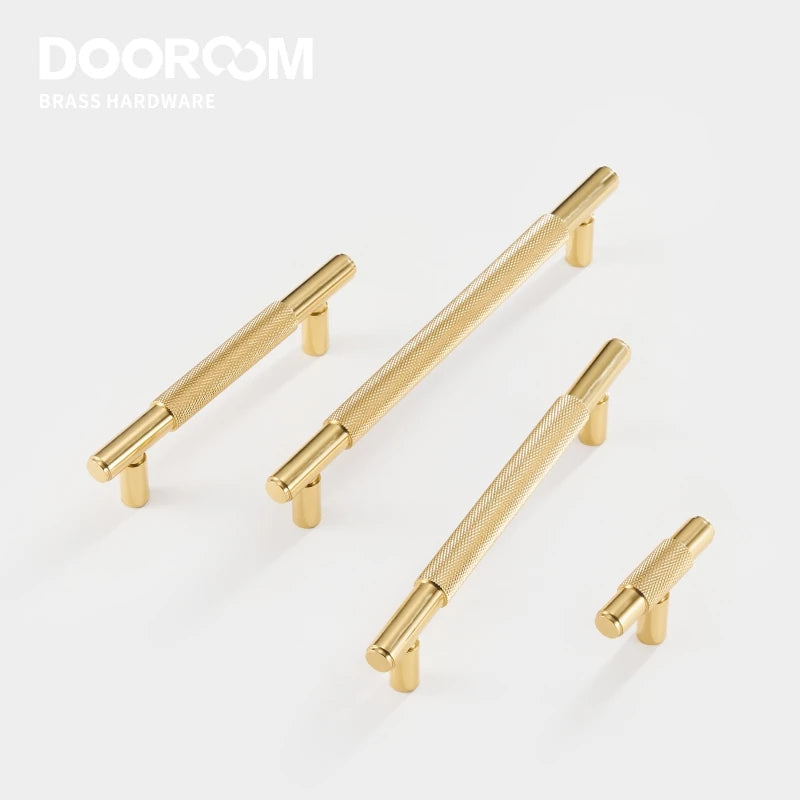 Dooroom Brass Furniture Handles Modern Knurled Shiny Gold Cupboard Wardrobe Dresser Shoe Box Drawer Cabinet Knobs T-Bar DOOROOM