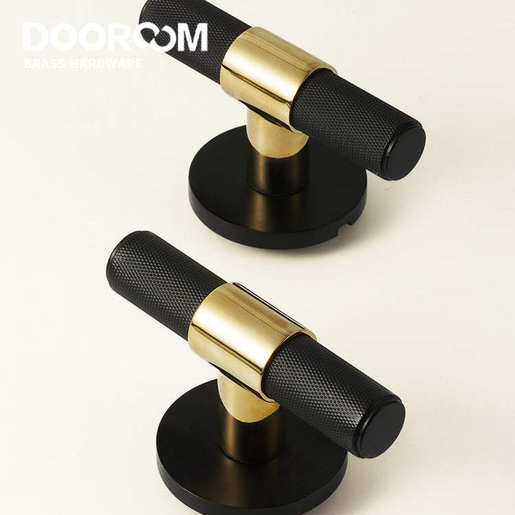 Dooroom Brass Door Lock Set Black Gold Knurled Hidden Door  Modern T-bar Bedroom Bathroom  Door Lever Dummy Privacy Passage DOOROOM