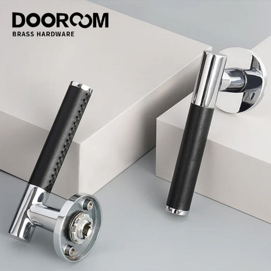 Dooroom Brass Leather Door Lock Set Modern Italian Style Black Leather Bedroom Bathroom Double Wood Door Lever Set Dummy Handles DOOROOM