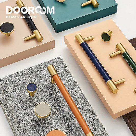 Dooroom Brass Furniture Handles Real Leather Nordic Simple Pulls Cupboard Wardrobe Dresser Shoe Box Drawer Wine Bar Cabinet Knob DOOROOM