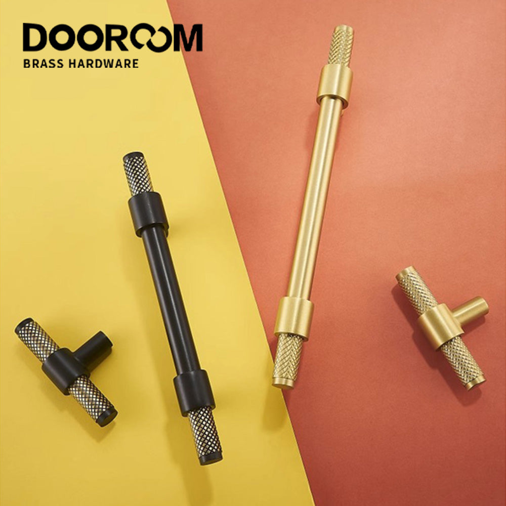 Dooroom Brass Furniture Handles T-bar Black Gold Knurled Textured Modern Italy Wardrobe Dresser Cupboard Cabinet Drawer Pulls DOOROOM