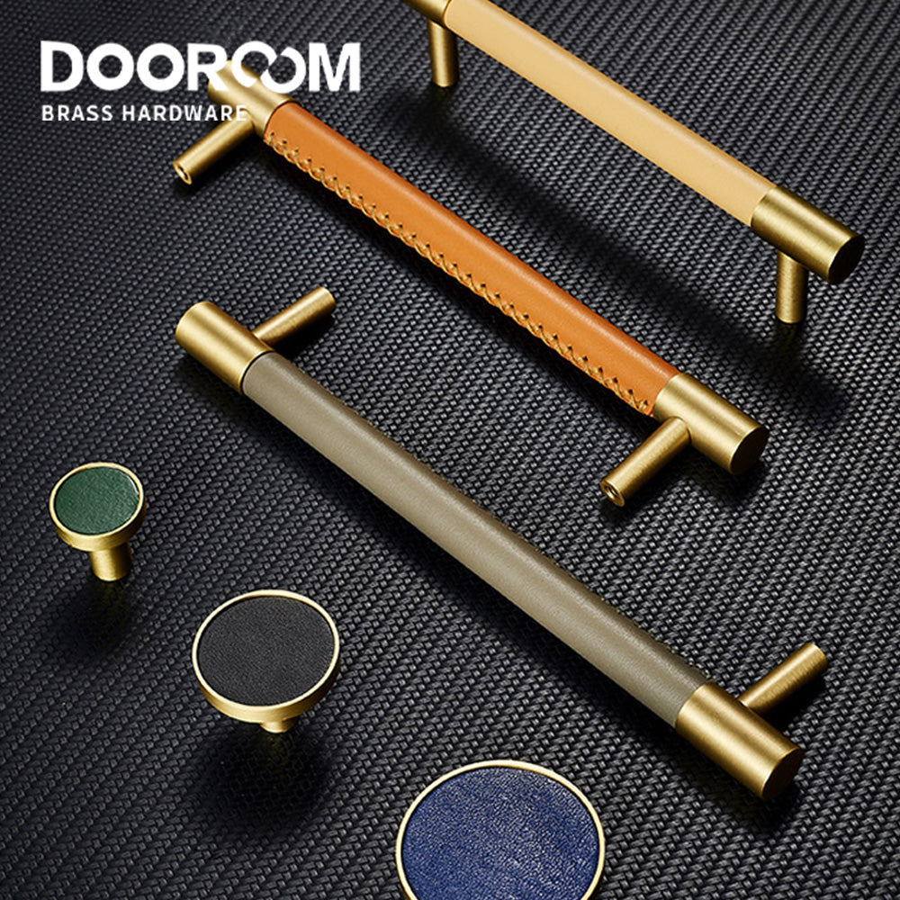 Dooroom Brass Furniture Handles Real Leather Nordic Simple Pulls Cupboard Wardrobe Dresser Shoe Box Drawer Wine Bar Cabinet Knob DOOROOM