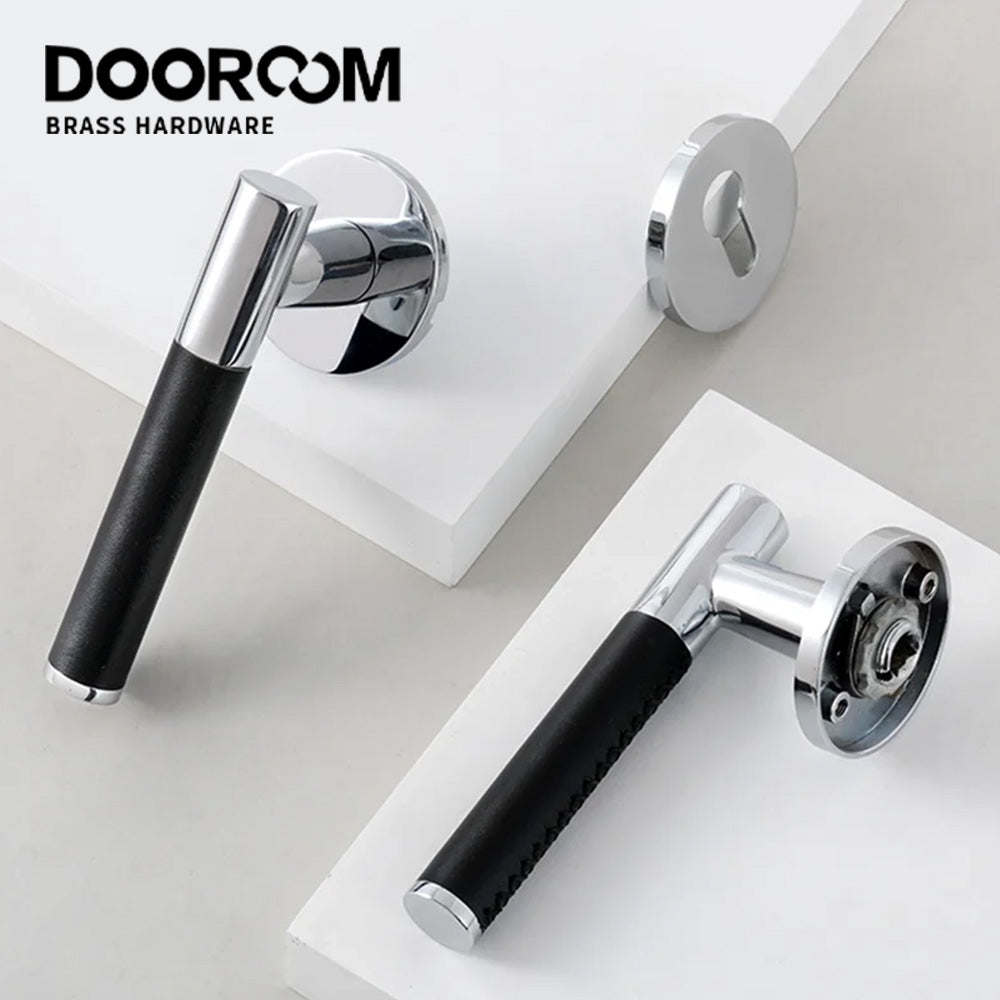 Dooroom Brass Leather Door Lock Set Modern Italian Style Black Leather Bedroom Bathroom Double Wood Door Lever Set Dummy Handles DOOROOM